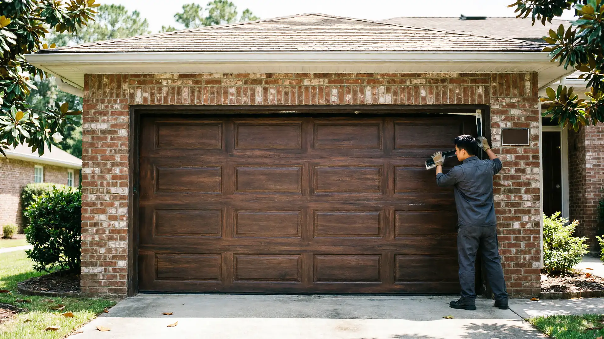 A technician works on a brown garage door of a brick house.
