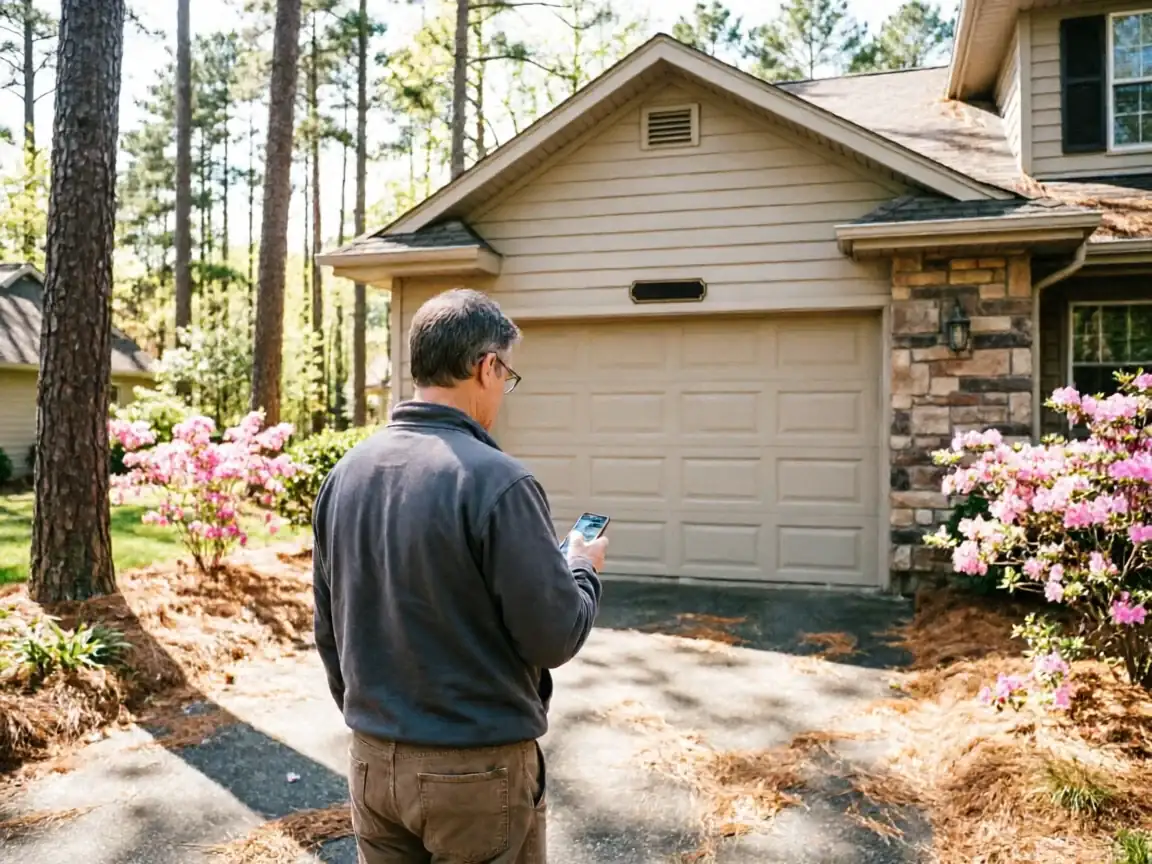 A man stands in a driveway looking at his phone in front of a garage door.