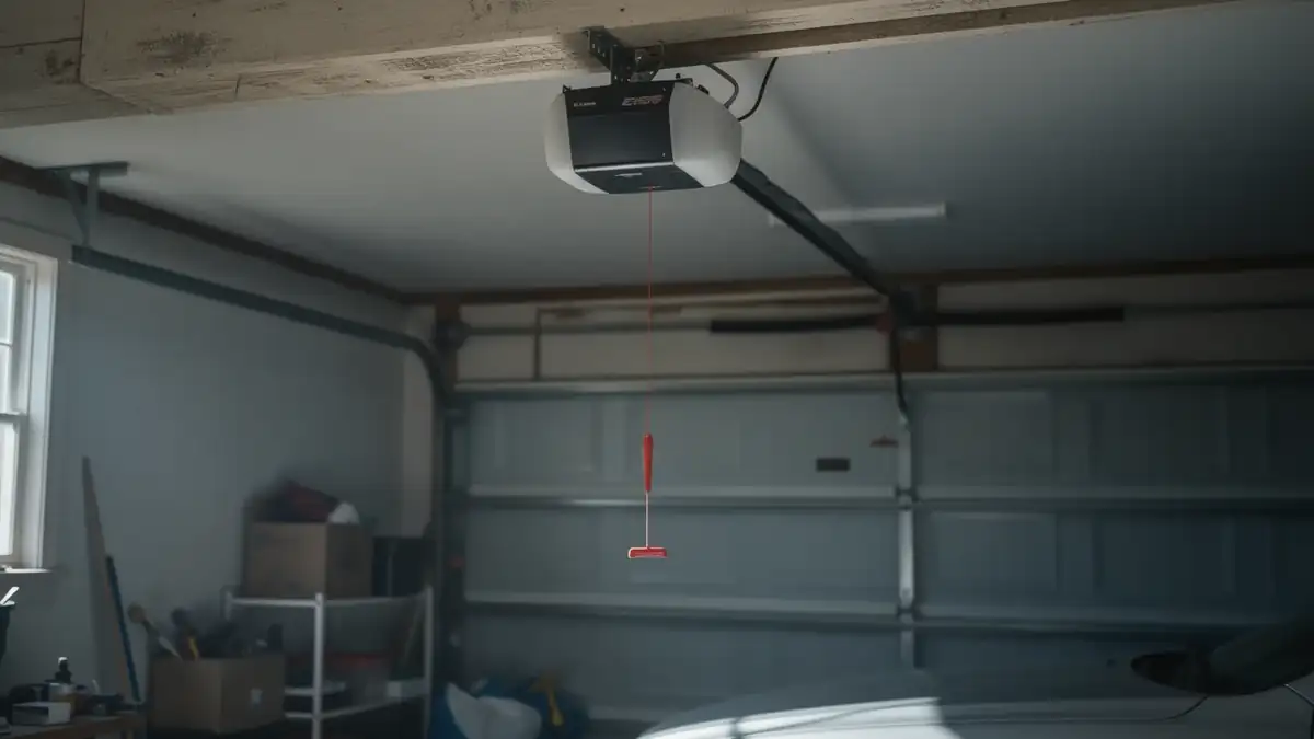 A garage door opener is mounted to the ceiling above a closed garage door.